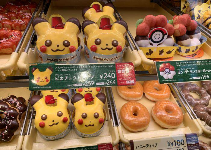 The display case at Mister Donut, showing off a limited-time only Pikachu donut.
